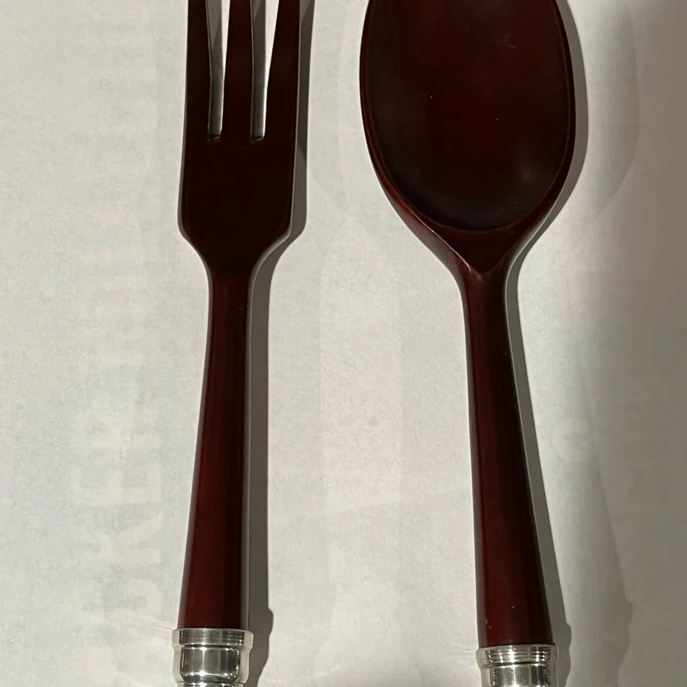 Mid Century Modern Mahogany Bowl Set, Vintage Salad Serving Bowl Pewter Accents - Picture 5 of 6